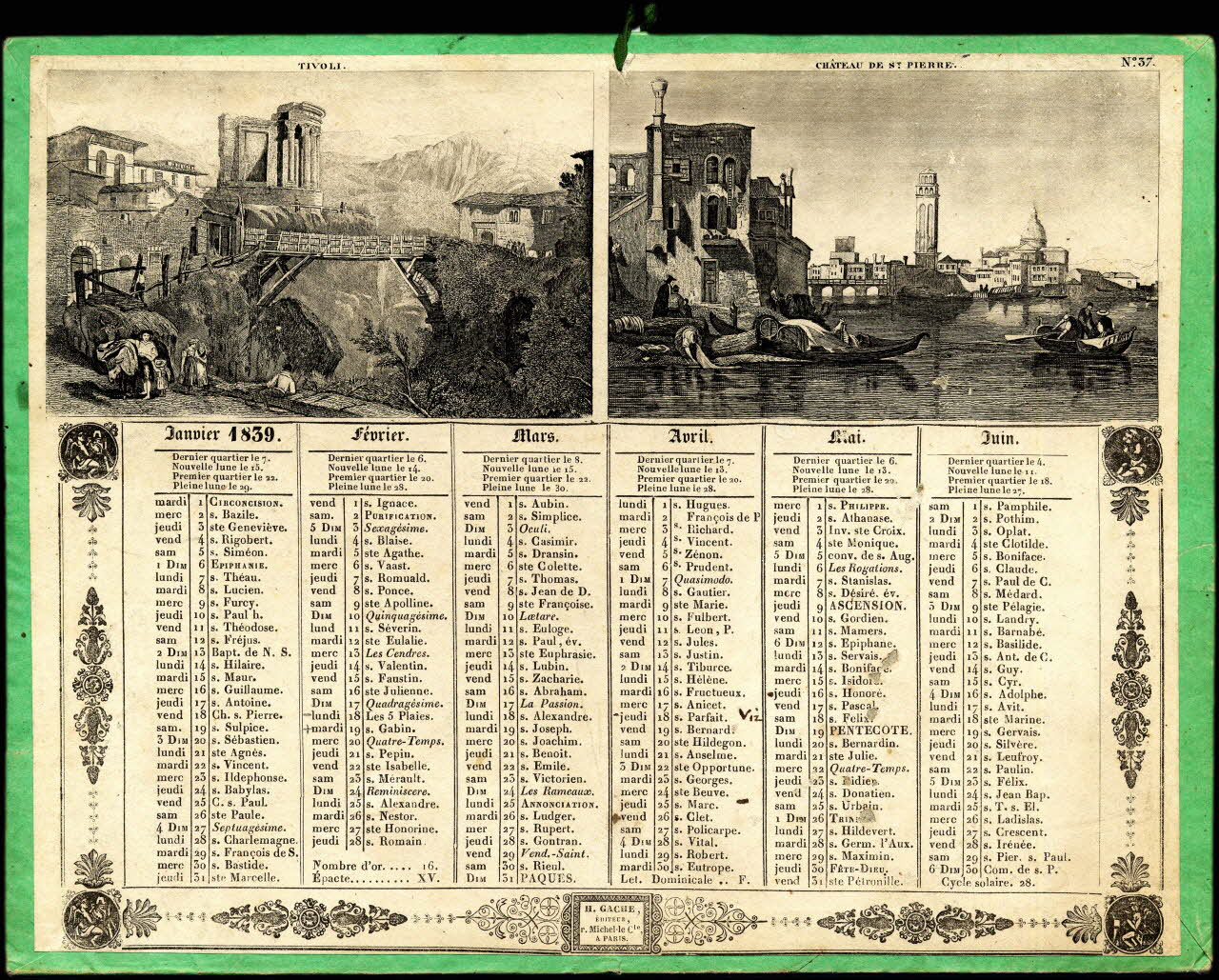 Gache H. calendrier Almanach de cabinet avec quatre paysages italiens de 1839 Paris 1838 1993.2.269 Photo