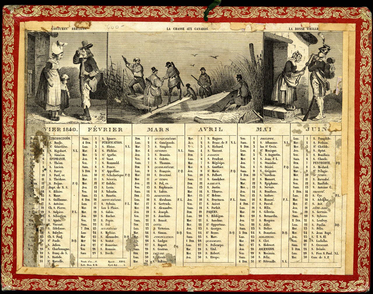 Tremblay estampe Almanach de cabinet avec six scènes populaires : Bretons, chasse, etc. de 1840 Paris 1839 1993.2.270 Photo