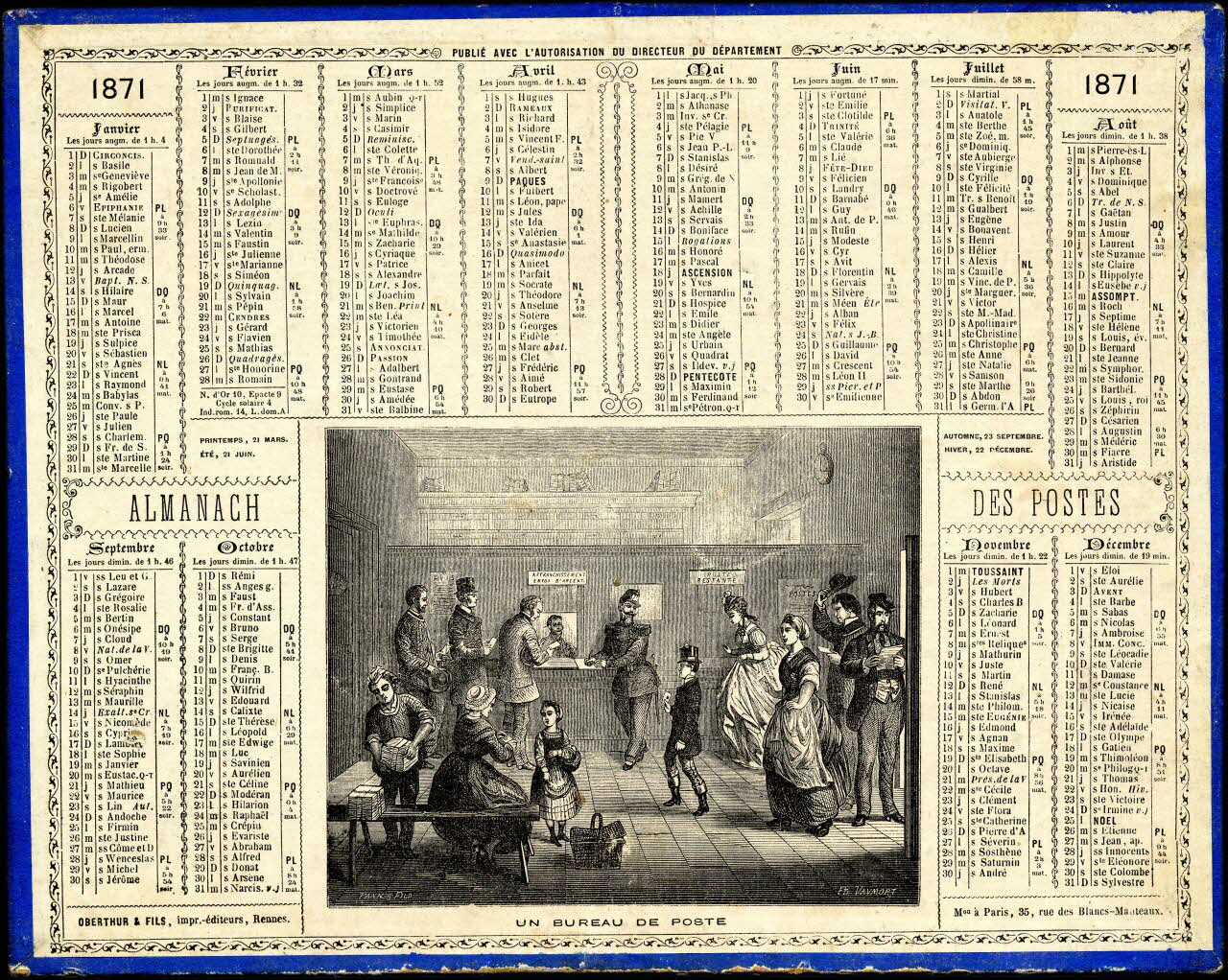 Vaumort E. ; François, Charles Oberthür calendrier ALMANACH DES POSTES  1871  UN BUREAU DE POSTE Rennes 1870 1993.2.298 Photo