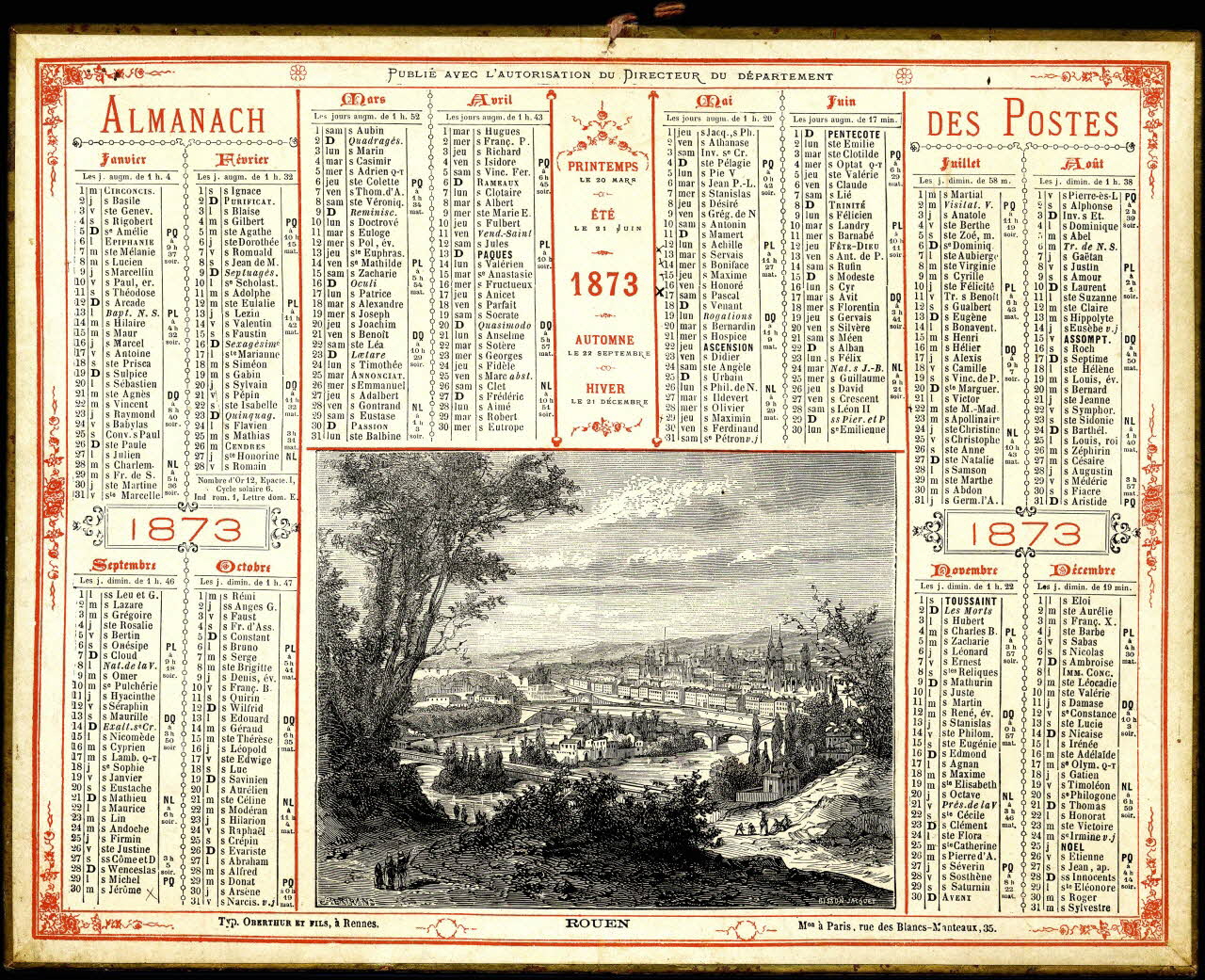Bisson Jacquet ; Bertrand Joannes ; François, Charles Oberthür calendrier ALMANACH DES POSTES  1873  ROUEN Rennes 1872 1993.2.301 Photo