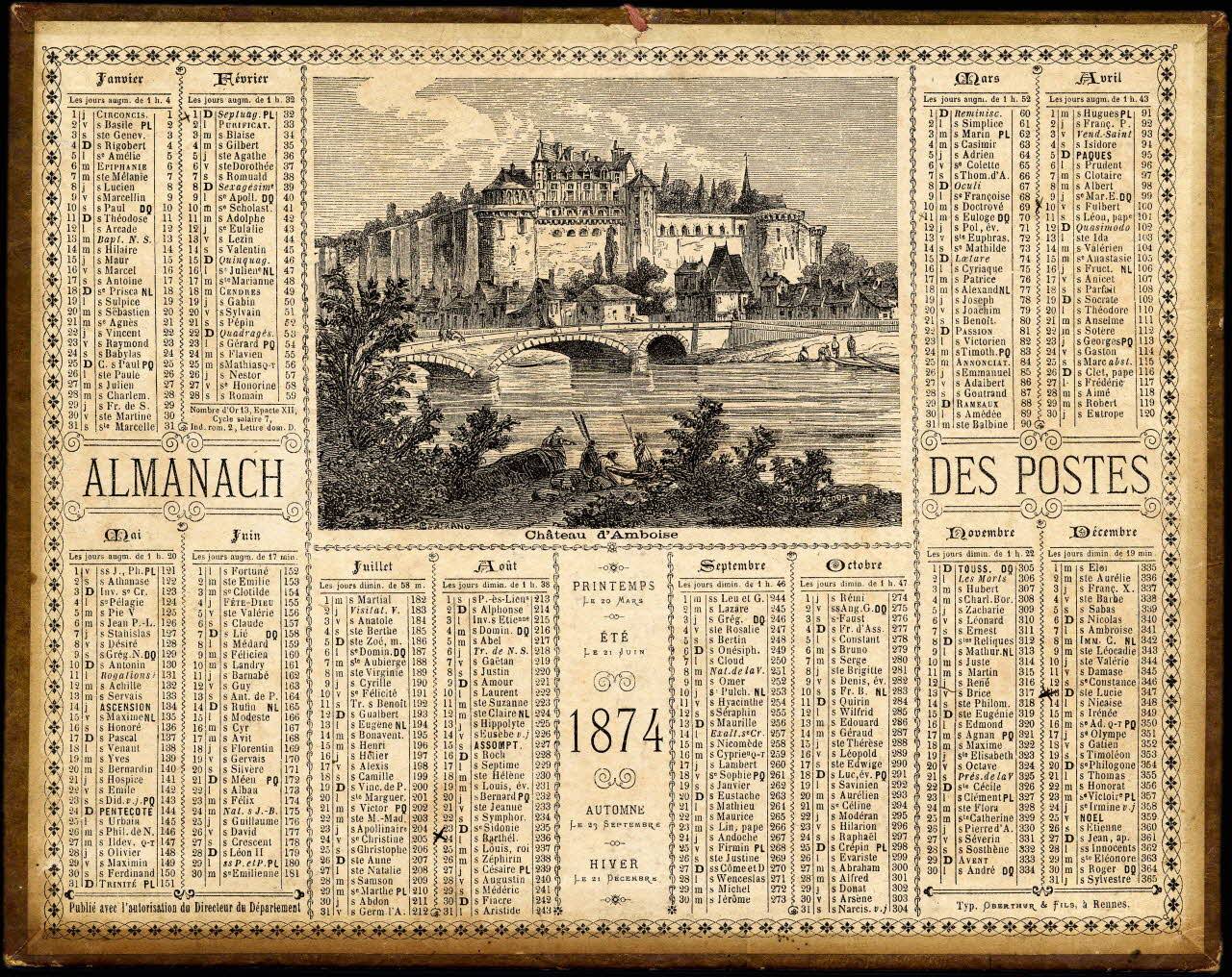 Bisson Jacquet ; Bertrand Joannes ; François, Charles Oberthür calendrier ALMANACH DES POSTES  1874  Château d'Amboise Rennes 1873 1993.2.302 Photo