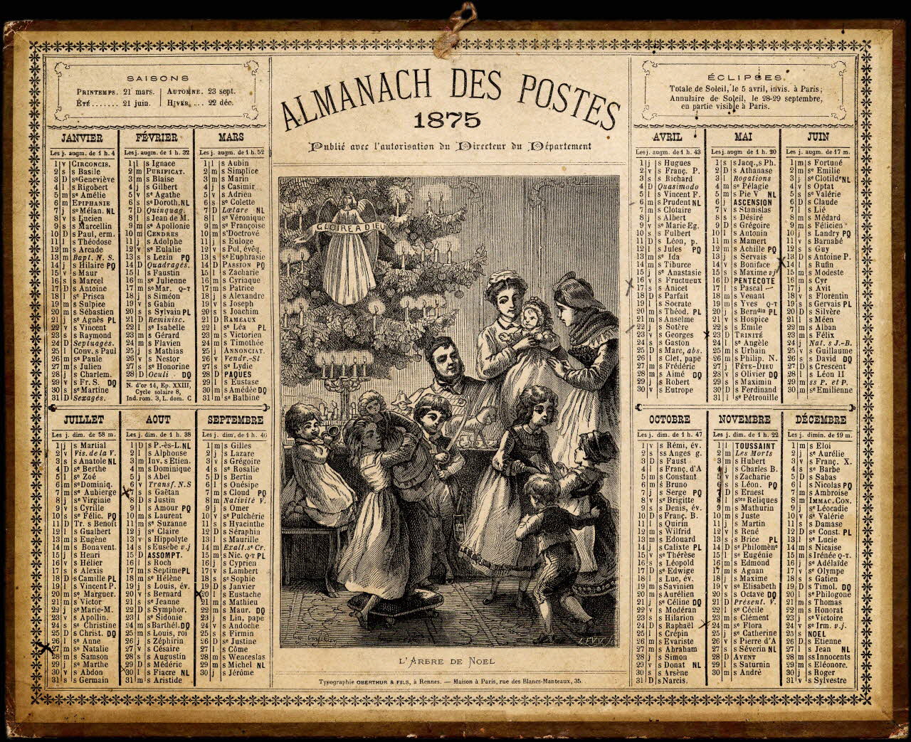 Ensfelden Eugène ; Lévy ; François, Charles Oberthür calendrier ALMANACH DES POSTES  1875  L'ARBRE DE NOEL Rennes 1874 1993.2.303 Photo
