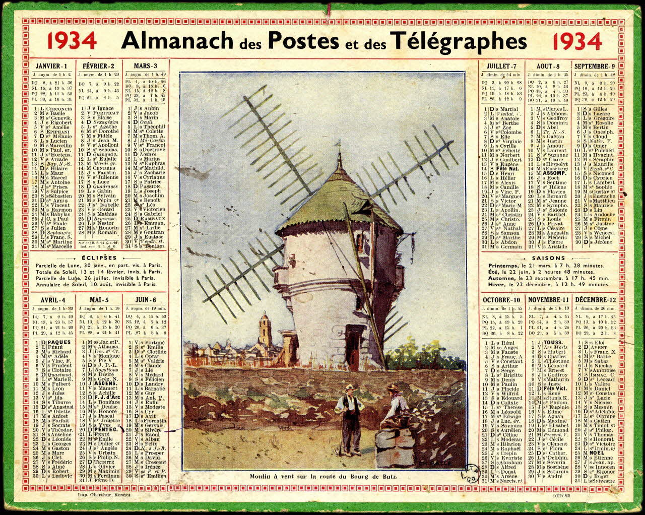 Palle Ch. ; François, Charles Oberthür calendrier Almanach des Postes et des Télégraphes 1934 Rennes 1933 1964.12.37 Photo