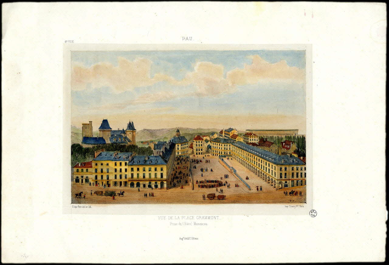 estampe PAU  VUE DE LA PLACE GRAMMONT  Prise de l'hôtel Manescau. 1944.2.219 Photo