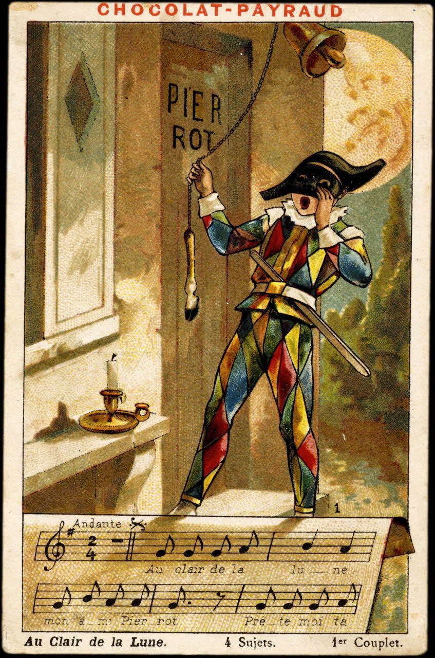 carte réclame Arlequin frappe à la porte de Pierrot pour lui demander de quoi écrire 1998.77.78.1 Photo