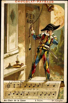 carte réclame Arlequin frappe à la porte de Pierrot pour lui demander de quoi écrire 1998.77.78.1 Photo