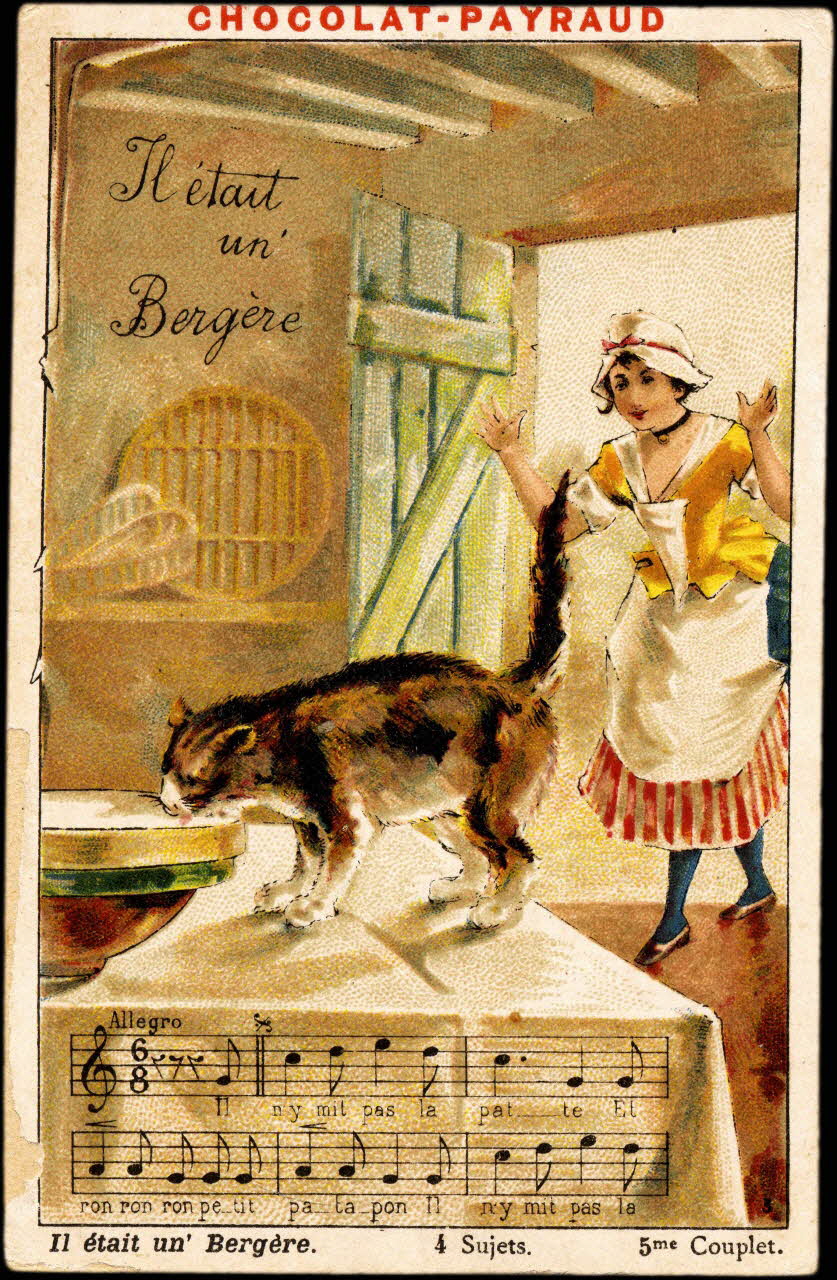 carte réclame La bergère découvre dans la cuisine le chat buvant le lait 1998.77.78.2 Photo