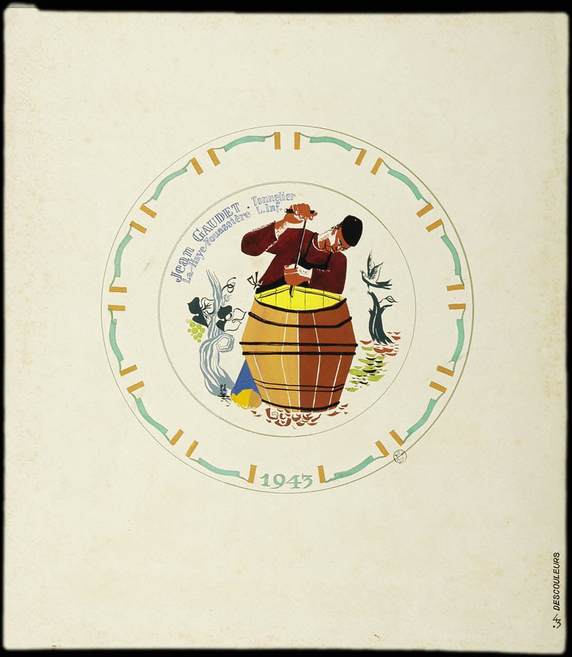 Pierre Descouleurs dessin Assiette, tonnelier à La-Haye-Fouassière 1943 1943.11.3 Photo