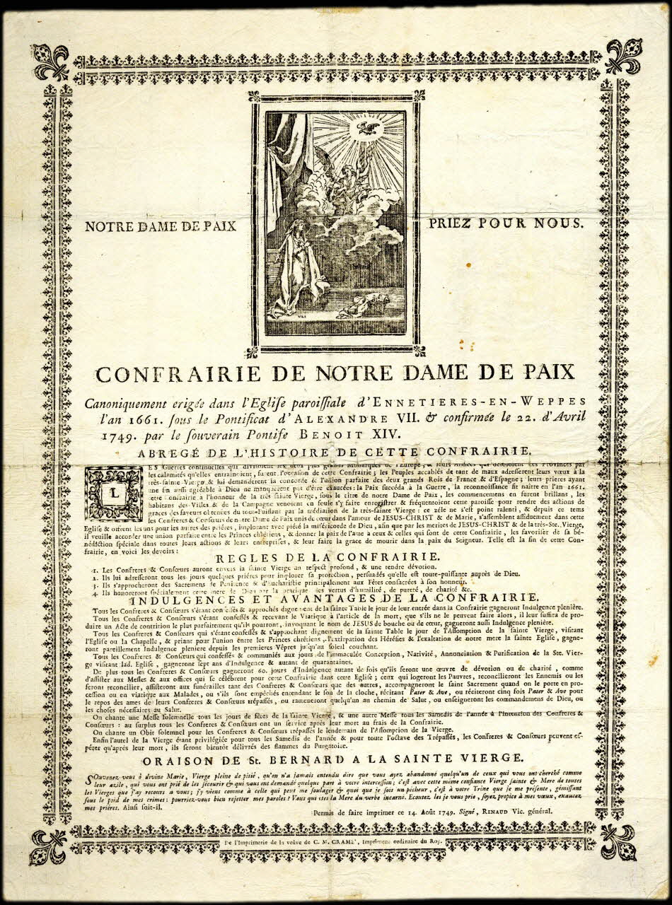 Crame Charles Maurice veuve estampe CONFRAIRIE DE NOTRE DAME DE PAIX 1749-1763 2008.11.2 Photo