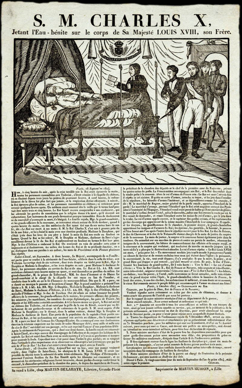 Henri Alexandre Joseph Martin-Delahaye ; Martin-Muiron (imprimeur)" estampe S.M. CHARLES X,  Jetant l'Eau - bénite sur le corps de Sa Majesté LOUIS XVIII, son Frère. Lille 1824 2008.11.43 Photo