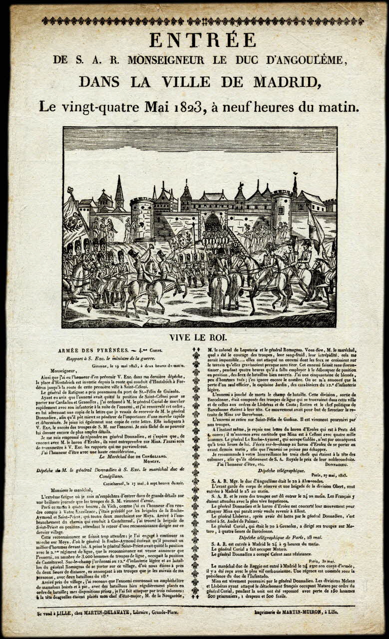 Henri Alexandre Joseph Martin-Delahaye ; Martin-Muiron (imprimeur)" estampe ENTREE  DE S.A.R. MONSEIGNEUR LE DUC D'ANGOULÊME,  DANS LA VILLE DE MADRID, Lille 1823 2008.11.44 Photo