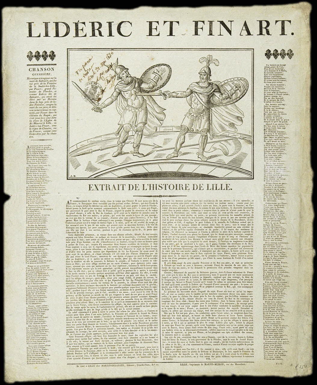 Henri Alexandre Joseph Martin-Delahaye ; Martin-Muiron (imprimeur)" estampe LIDERIC ET FINART.  EXTRAIT DE L'HISTOIRE DE LILLE. Lille 1826 2008.11.40 Photo