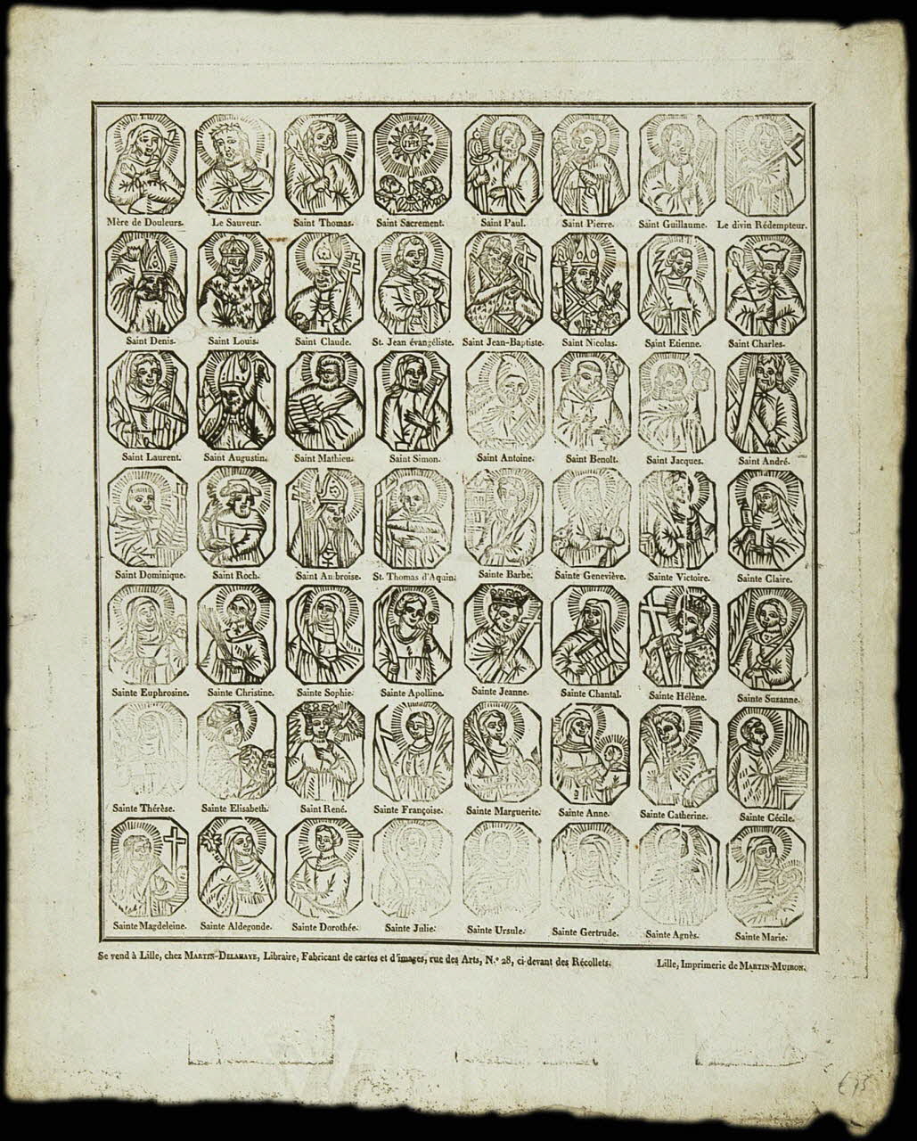 Henri Alexandre Joseph Martin-Delahaye ; Martin-Muiron (imprimeur)" estampe Planche de saintetés Lille 1827 2008.11.47 Photo