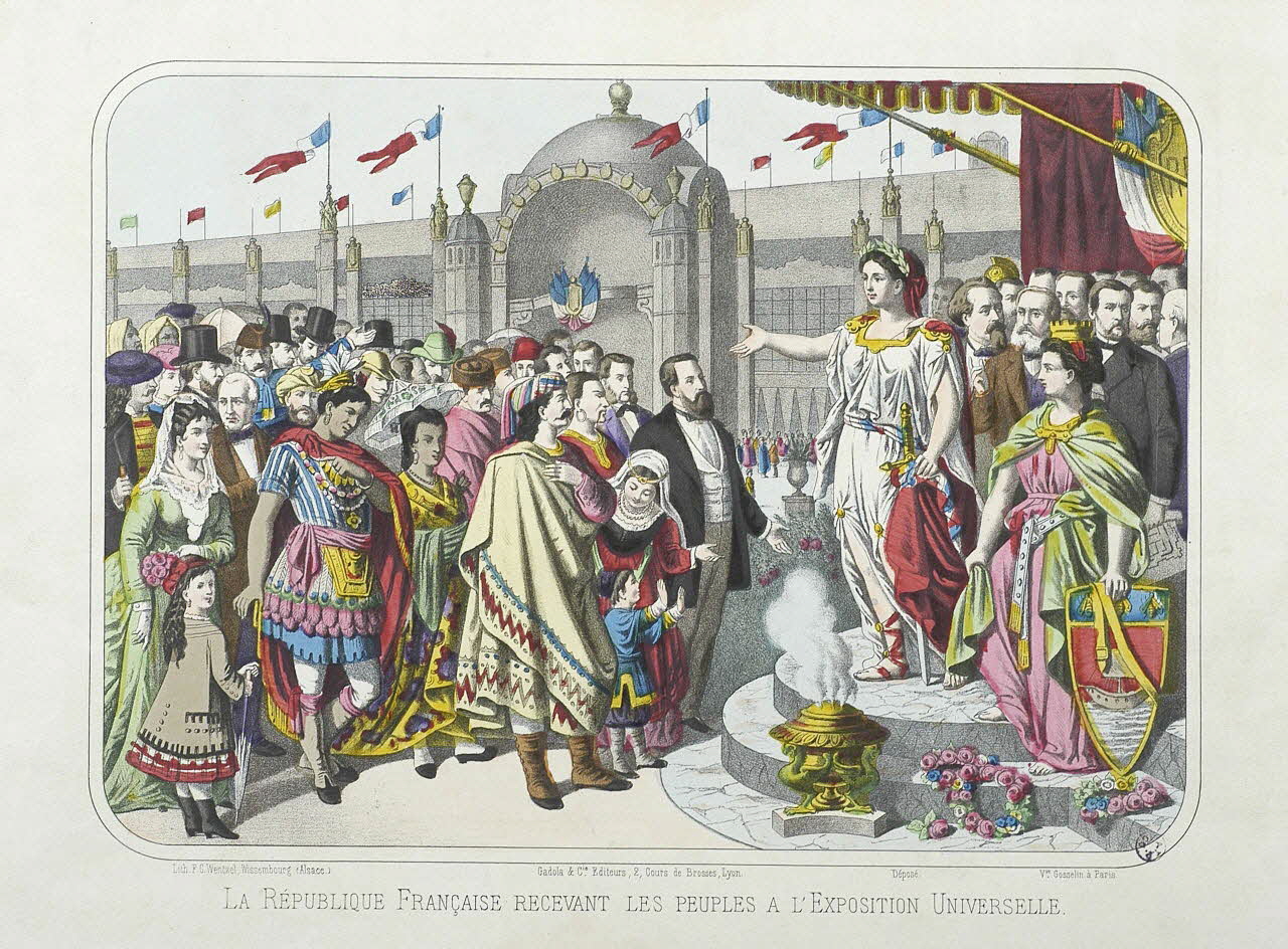 estampe LA REPUBLIQUE FRANCAISE RECEVANT LES PEUPLES A L'EXPOSITION UNIVERSELLE. 1950.39.1262 Photo