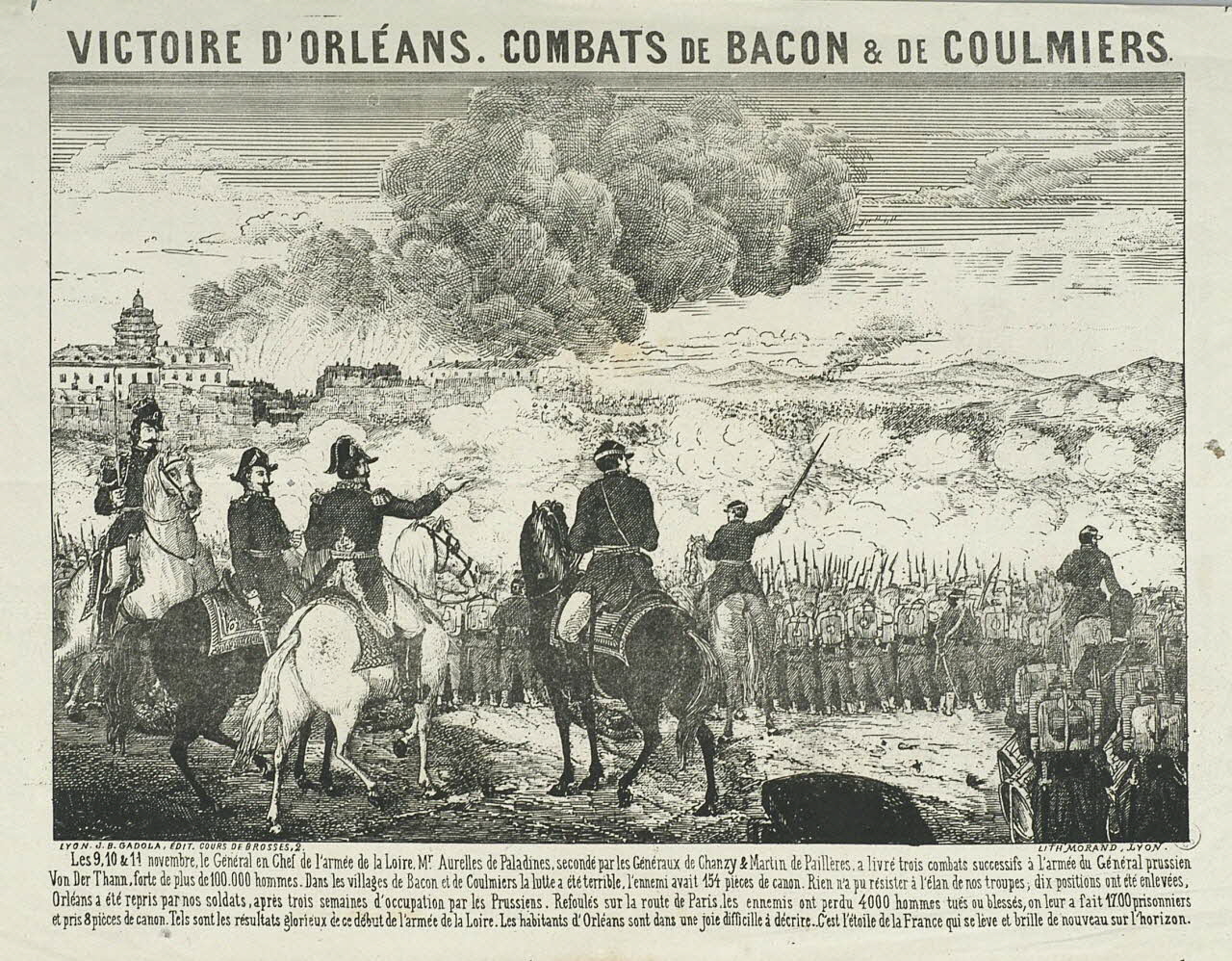 Morand estampe VICTOIRE D'ORLEANS. COMBATS DE BACON & DE COULMIERS. Lyon 1865-1875 1950.39.958 Photo