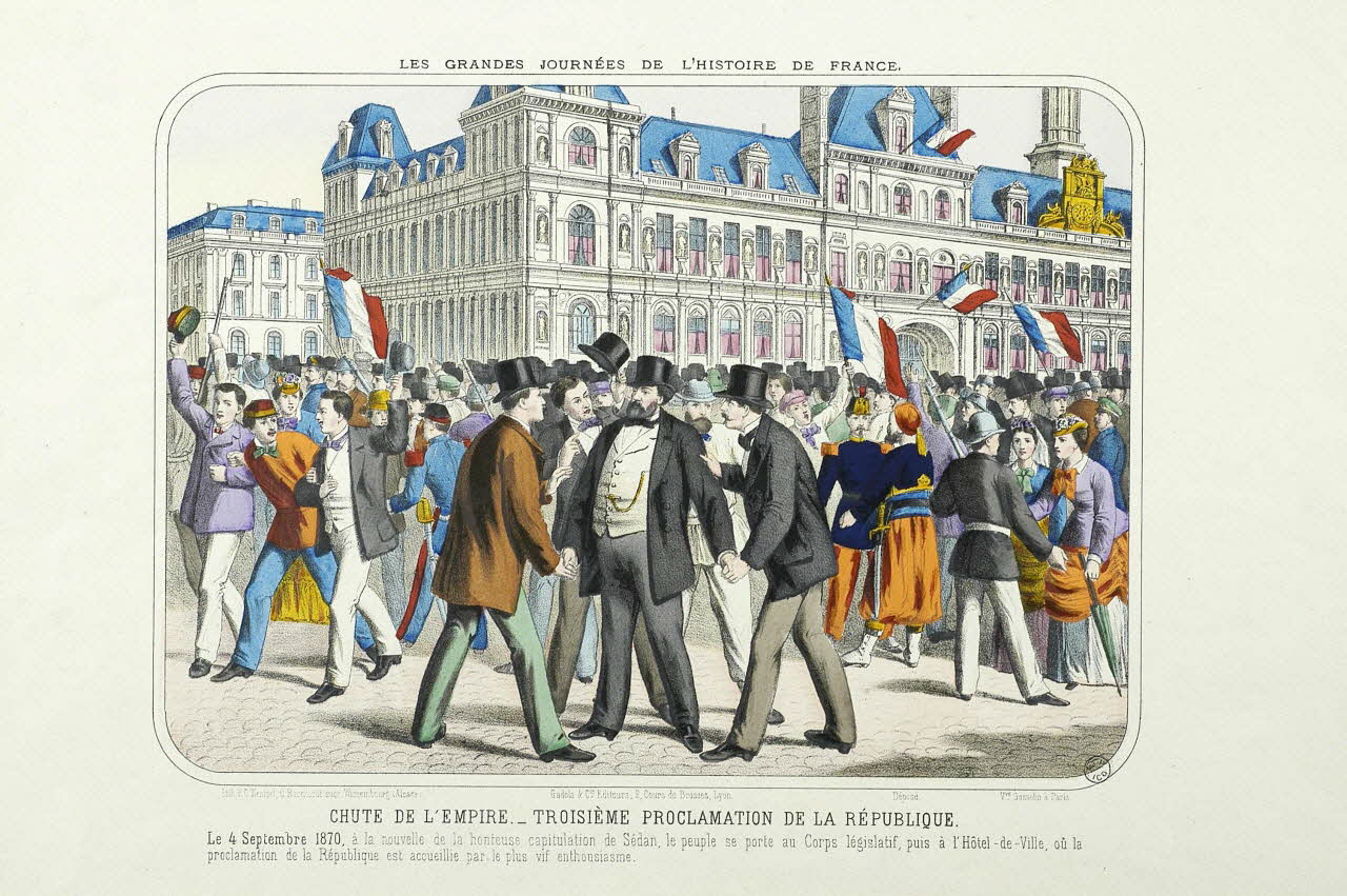 estampe LES GRANDES JOURNEES DE L'HISTOIRE DE FRANCE.  CHUTE DE L'EMPIRE. _ TROISIEME PROCLAMATION DE LA REPUBLIQUE. 1951.16.259 Photo