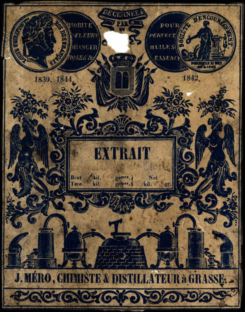 étiquette publicitaire EXTRAIT  J. MERO, CHIMISTE & DISTILLATEUR à GRASSE. 1839-1849 1960.66.33 Photo