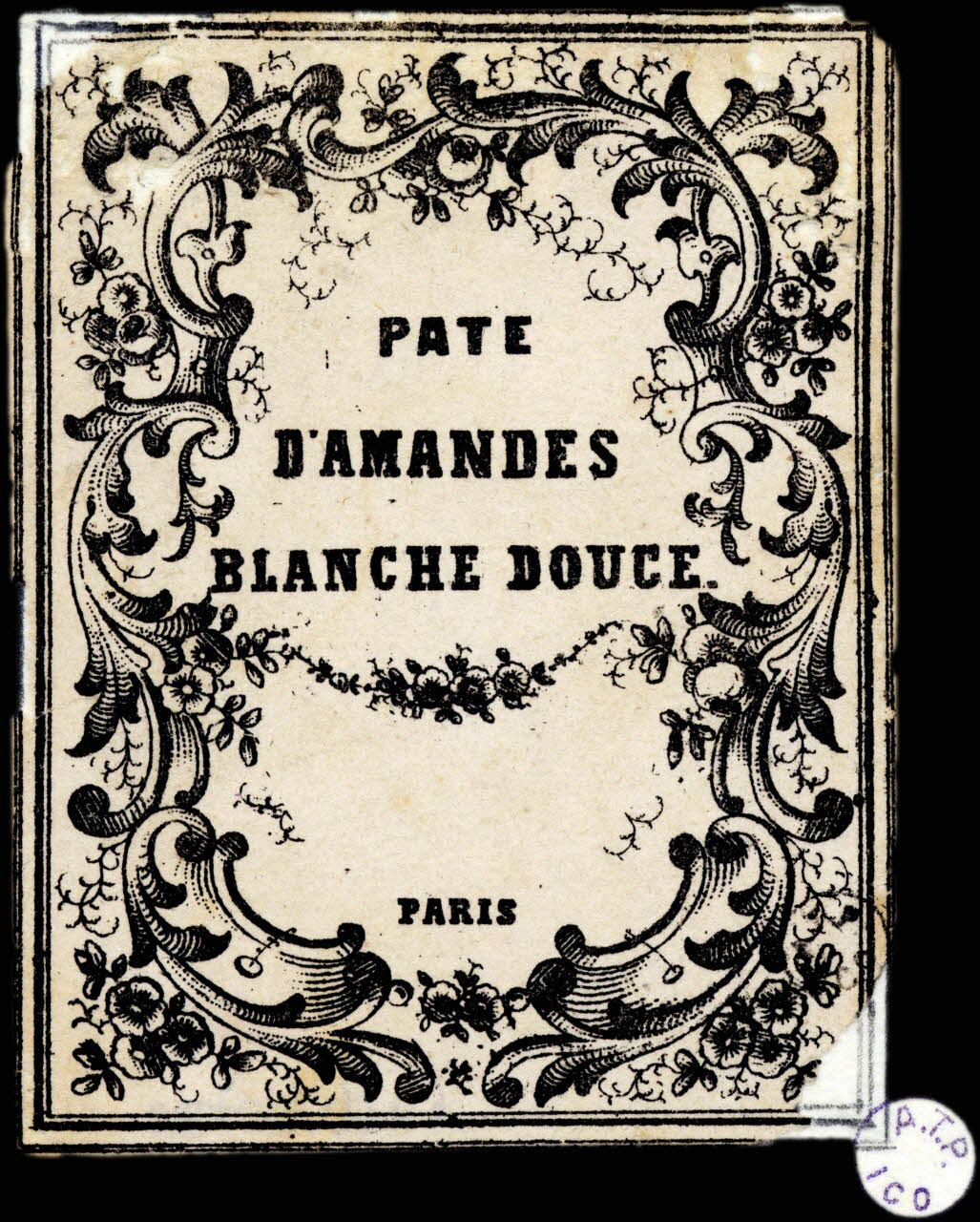 étiquette publicitaire PATE  D'AMANDES  BLANCHE DOUCE.  PARIS 1960.66.30 Photo