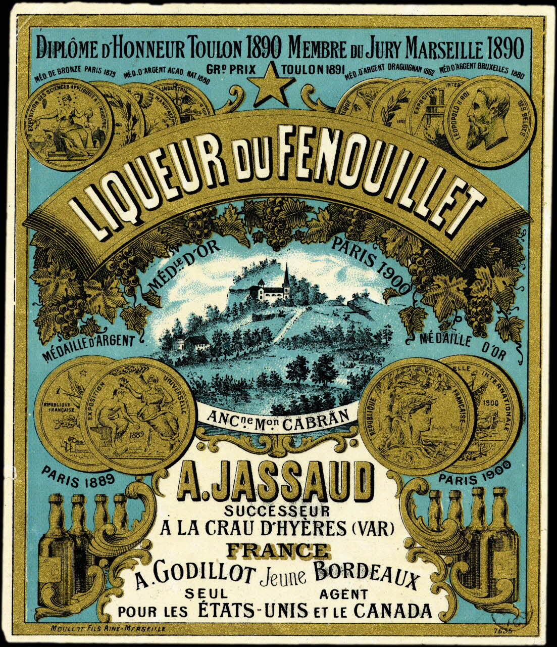 Etablissements Moullot étiquette publicitaire LIQUEUR DU FENOUILLET  A. JASSAUD Marseille 1900 1960.66.110 Photo