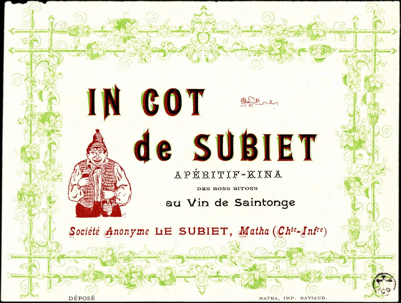 étiquette publicitaire IN COT  de SUBIET  APERITF-KINA  au Vin de Saintonge 1960.66.113 Photo