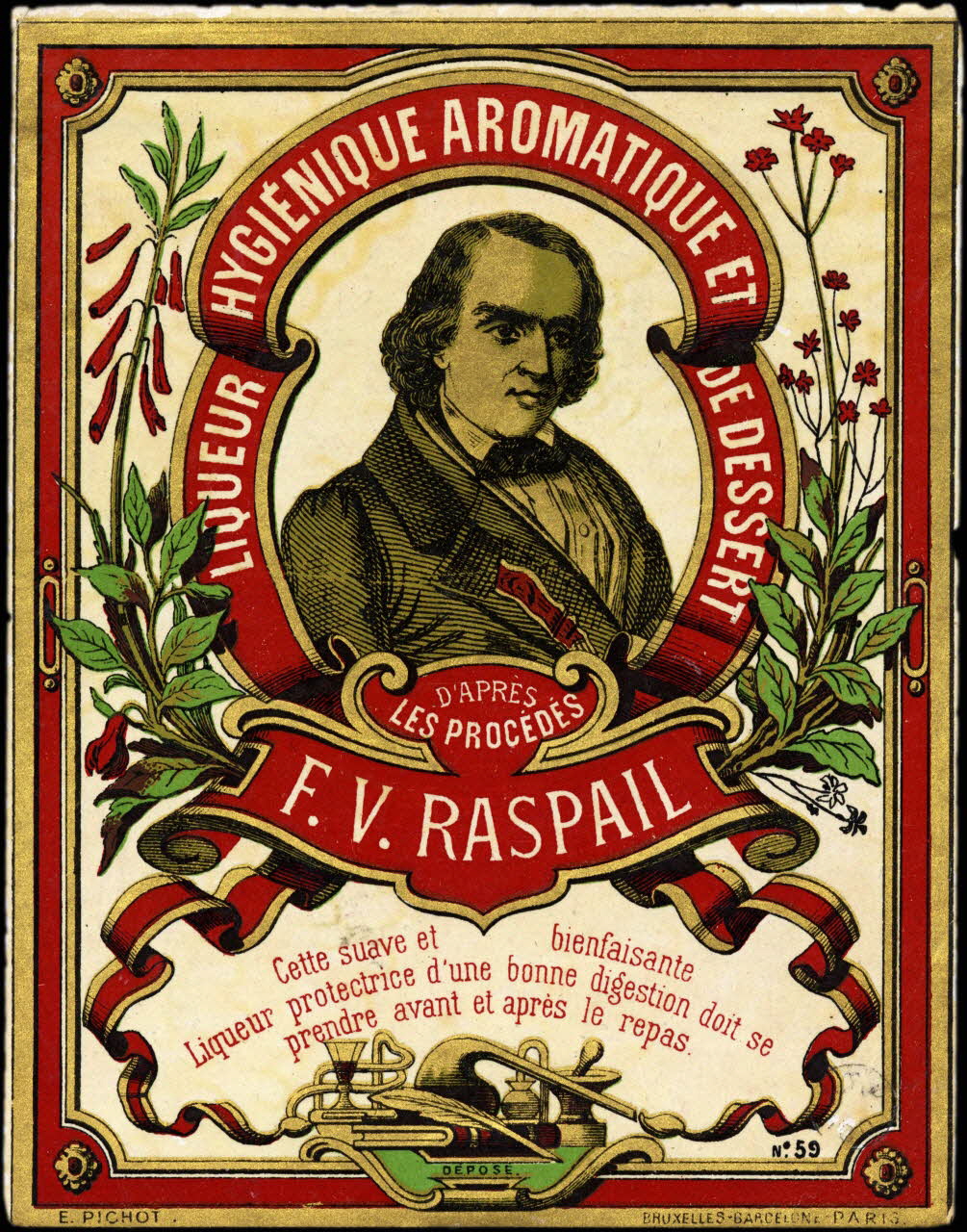 étiquette publicitaire LIQUEUR HYGIENIQUE AROMATIQUE ET DE DESSERT  F. V. RASPAIL 1960.66.127 Photo