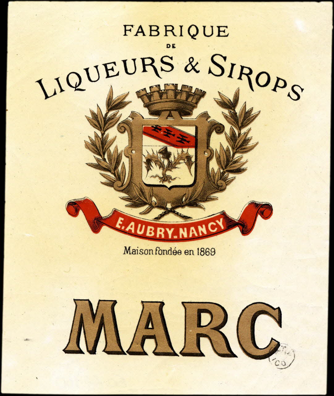 étiquette publicitaire FABRIQUE  DE LIQUEURS & SIROPS  MARC 1960.66.140 Photo