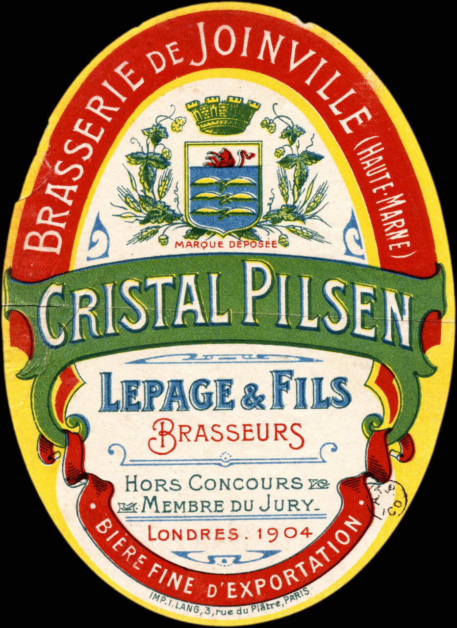 Lang I. étiquette publicitaire CRISTAL PILSEN  LEPAGE & FILS  BRASSEURS Paris 1904 1960.66.155 Photo