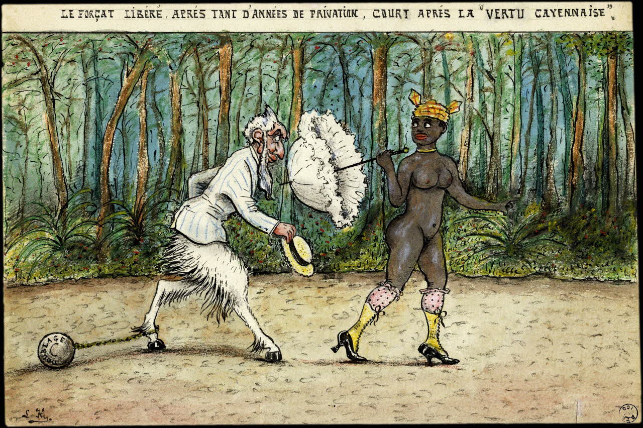 L.K. dessin LE FORCAT LIBERE, APRES TANT D'ANNEES DE PRIVATION, COURT APRES LA "VERTU CAYENNAISE". Guyane, France 1918-1922 2001.41.32 Photo