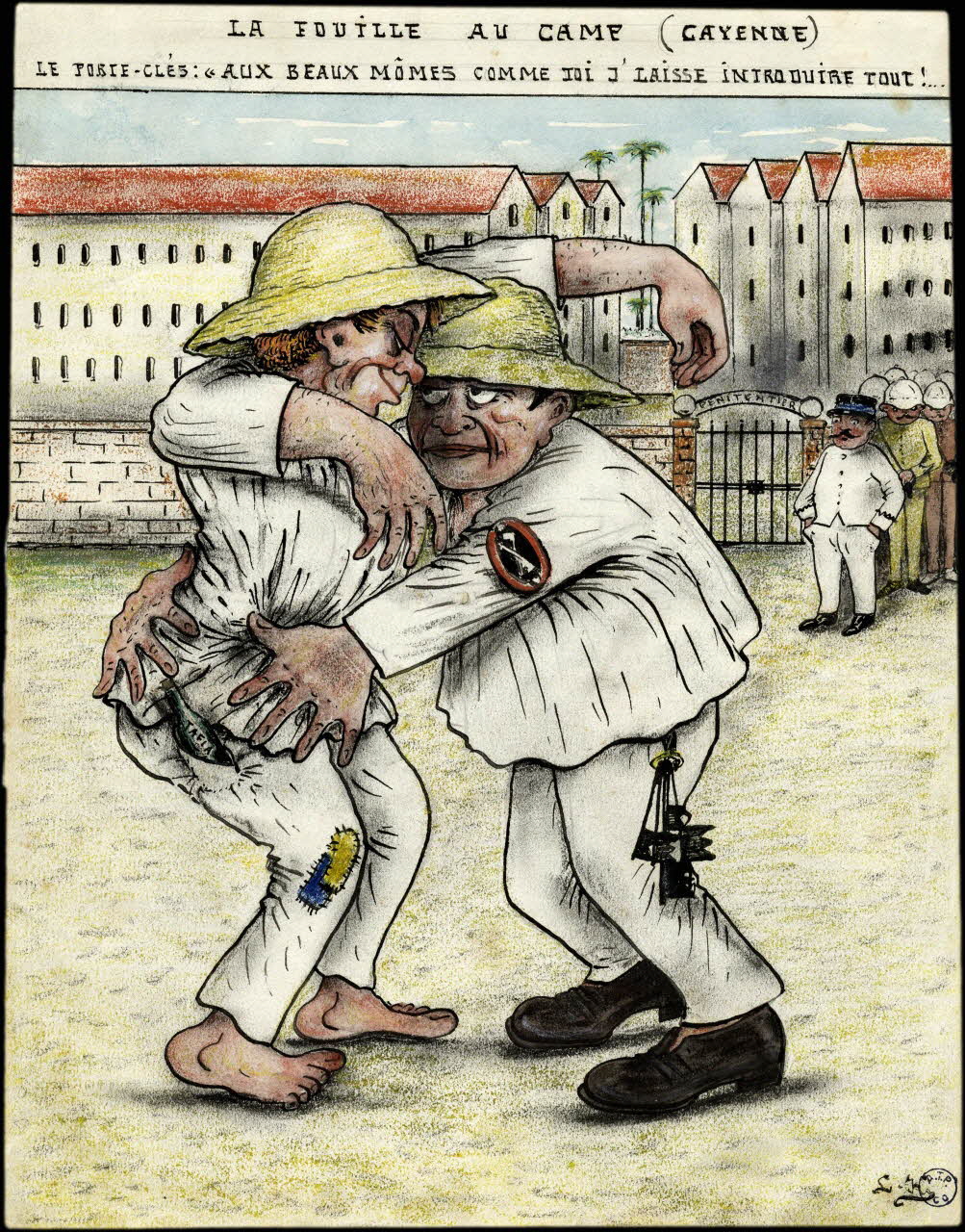 L.K. dessin LA FOUILLE AU CAMP (CAYENNE)  LE PORTE-CLES : "AUX BEAUX MOMES COMME TOI J'LAISSE INTRODUIRE TOUT !... Guyane, France 1918-1922 2001.41.41 Photo