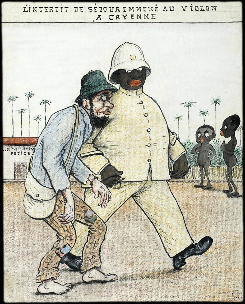 L.K. dessin L'INTERDIT DE SEJOUR EMMENE AU VIOLON  A CAYENNE Guyane, France 1918-1922 2001.41.43 Photo