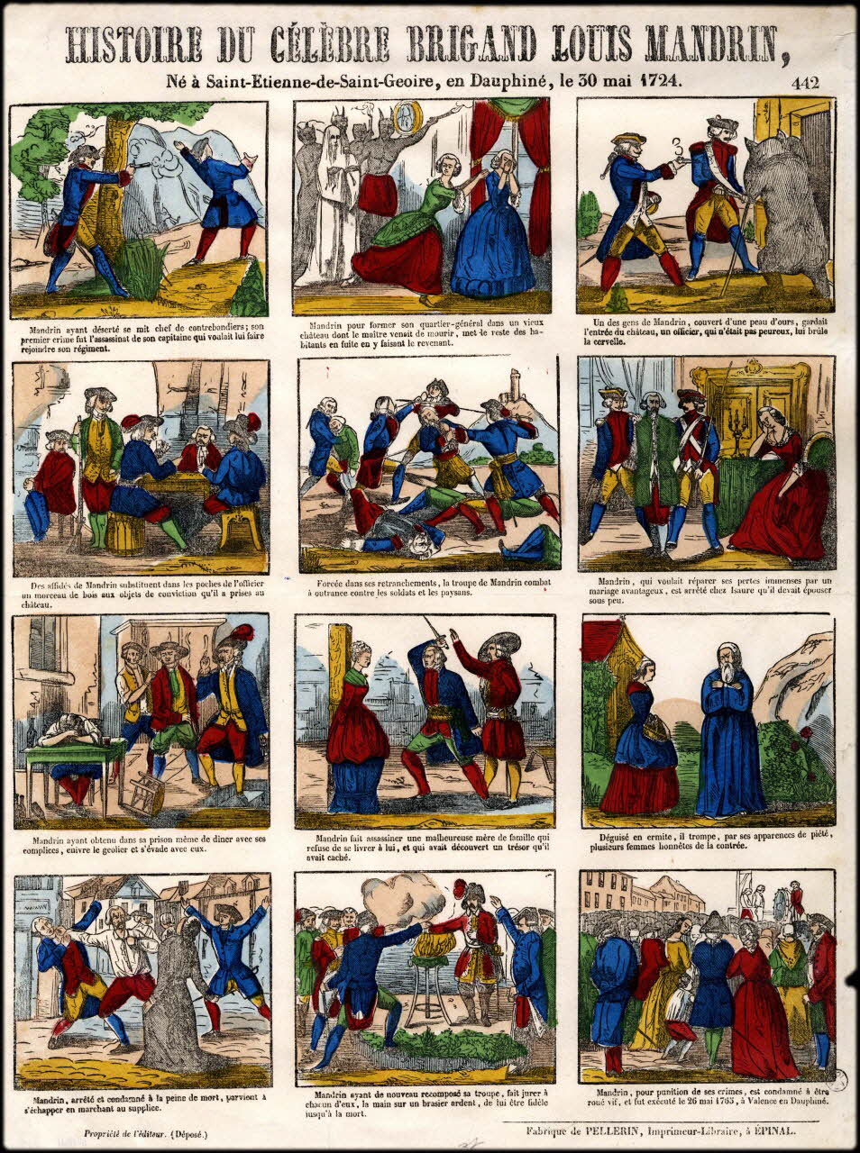Pellerin à compartiments (3x4) HISTOIRE DU CELEBRE BRIGAND LOUIS MANDRIN,  Né à Saint-Etienne-de-Saint-Geoire, en Dauphiné, le 30 mai 1724. Lorraine, France 1845-1855 1967.171.17 Photo