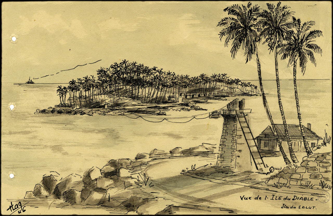 Francis Lagrange partie d'un ensemble de dessins Vue de l'Ile du Diable.  Iles du SALUT. Guyane, France 1946 2001.42.3 Photo (c) Mucem