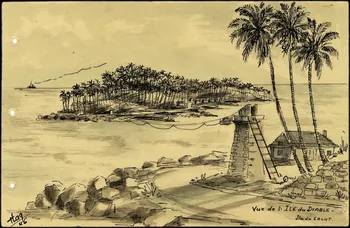 Francis Lagrange partie d'un ensemble de dessins Vue de l'Ile du Diable.  Iles du SALUT. Guyane, France 1946 2001.42.3  Photo (c) Mucem