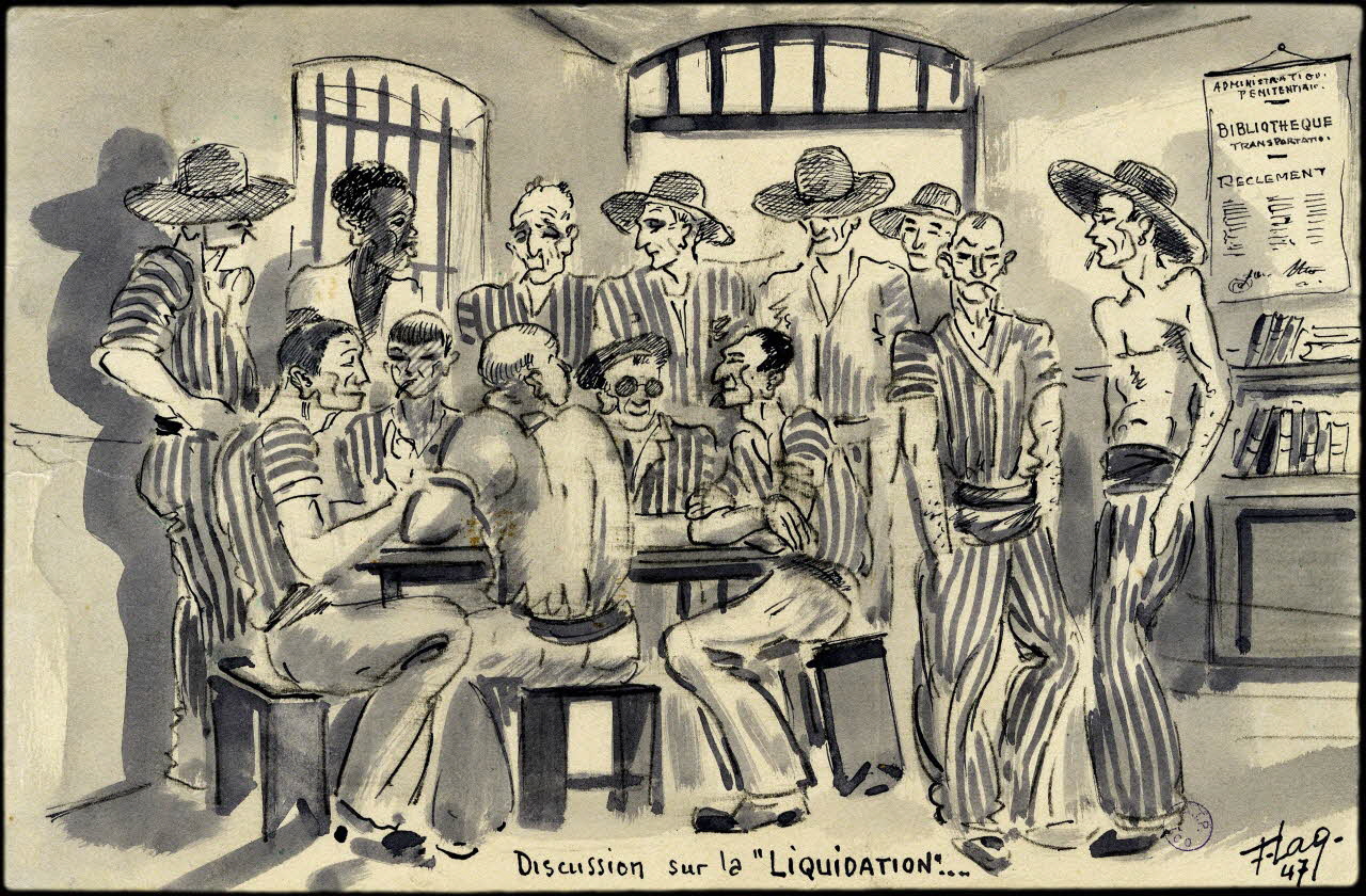 Francis Lagrange partie d'un ensemble de dessins Discussion sur la "LIQUIDATION".... Guyane, France 1947 2001.42.4 Photo (c) Mucem