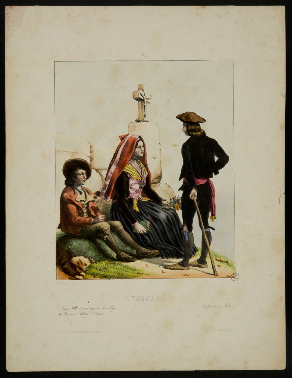 estampe PYRENEES.  Jeune fille et jeune garçon du village  de Larun. Village d'Ossau.  Cultivateur à Moléon 1936.1.36 Photo