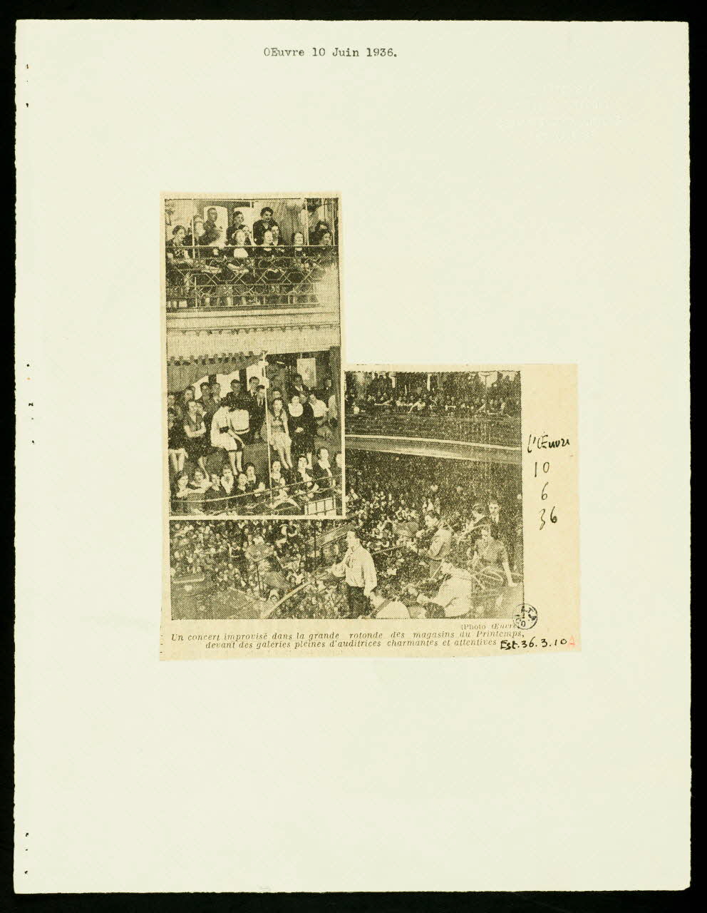 imprimé Un concert improvisé dans la grande rotonde des magasins du Printemps... Paris 1936 1936.3.10 Photo