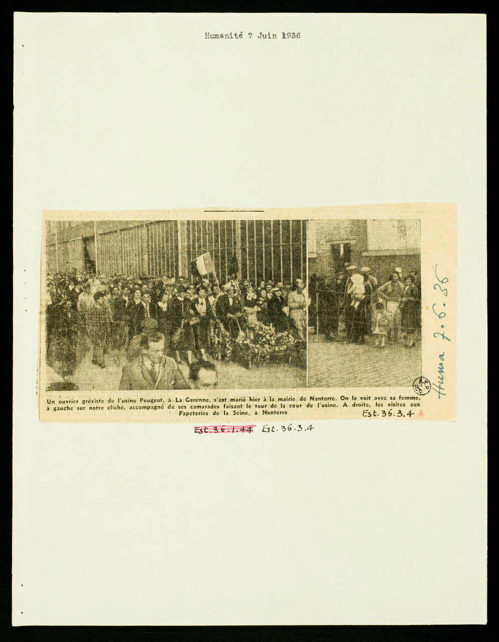 imprimé Un ouvrier gréviste de l'usine Peugeot, à la Garenne, s'est marié hier à la mairie de Nanterre. Paris 1936 1936.3.4 Photo