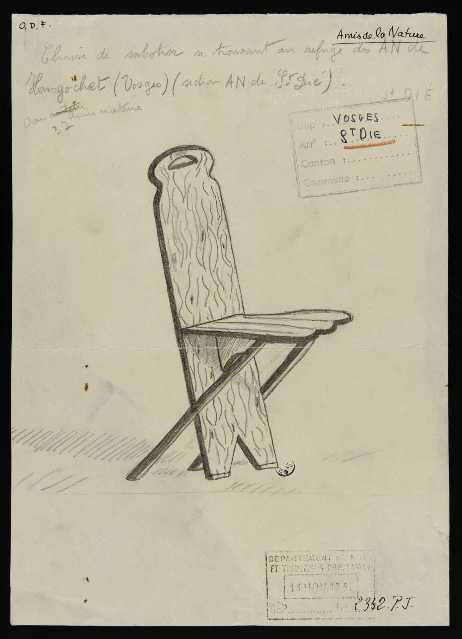 dessin chaise de sabotier se trouvant au refuge des A N de Hargochet (Vosges) (section A. N. de St. Dié) 1932-1942 1937.1.1 Photo