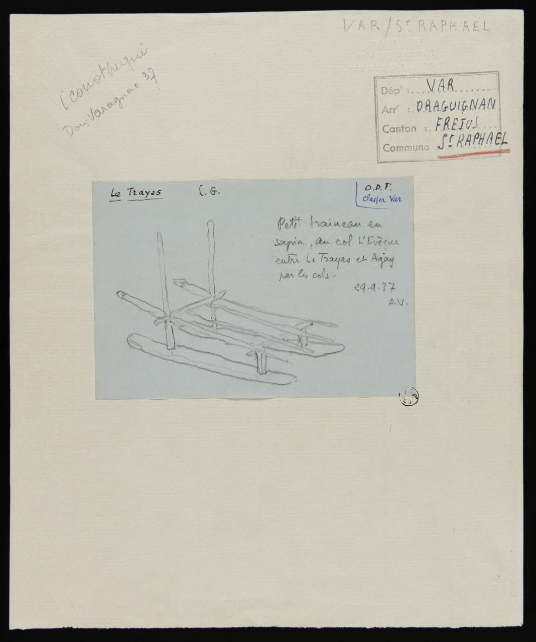 André Varagnac dessin Petit traîneau en sapin au col l'Eveque entre le Trayas et Agay par les cols. Saint-Raphaël 1937 1937.2.1 Photo