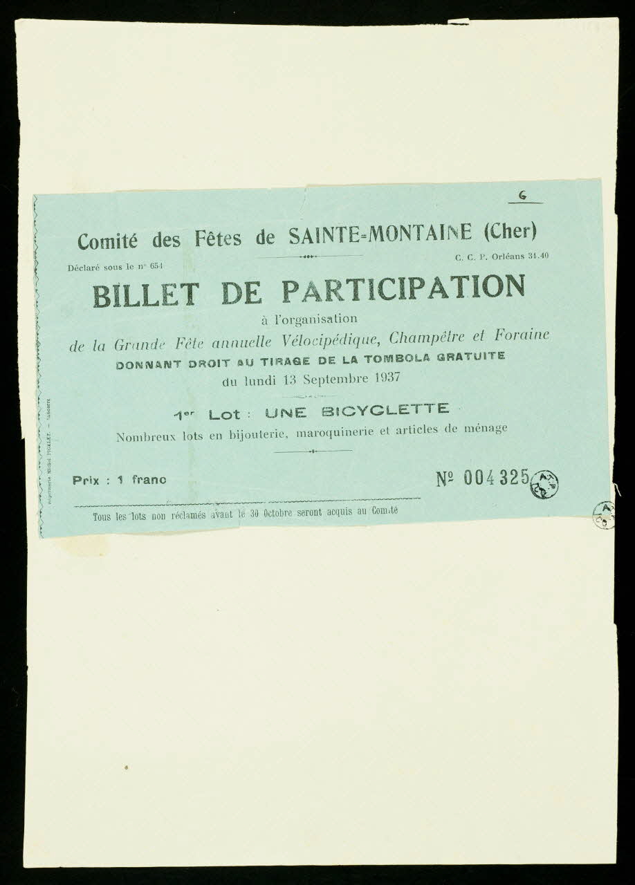 Michel Pigelet billet de loterie COMITE DES FETES DE SAINTE MONTAINE (CHER)  BILLET DE PARTICIPATION Sancerre 1937 1937.4.1 Photo
