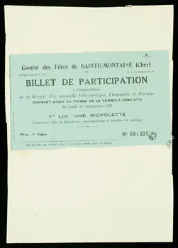 Michel Pigelet billet de loterie COMITE DES FETES DE SAINTE MONTAINE (CHER)  BILLET DE PARTICIPATION Sancerre 1937 1937.4.1 Photo