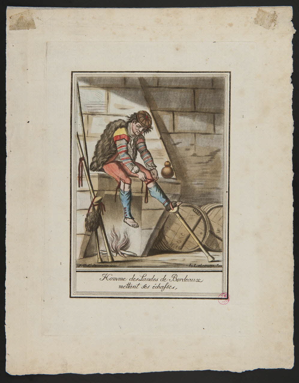 Labrousse L. ; Michel Pigelet imagerie ancienne Homme des Landes de Bordeaux  mettant ses échasses Paris 1796 1938.1.18 Photo