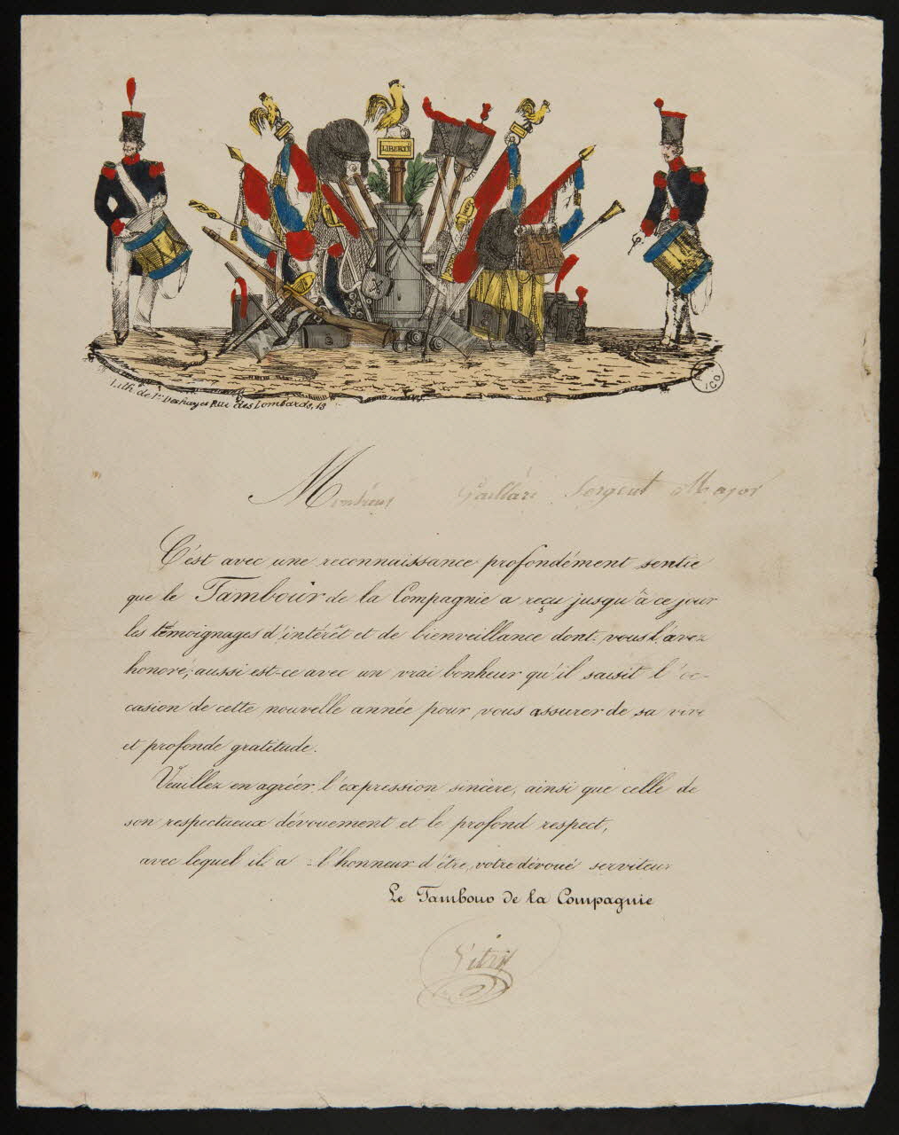 Deshayes papier à lettre Voeux de nouvel an du tambour de la compagnie Paris 1850-1900 1938.10.1 Photo