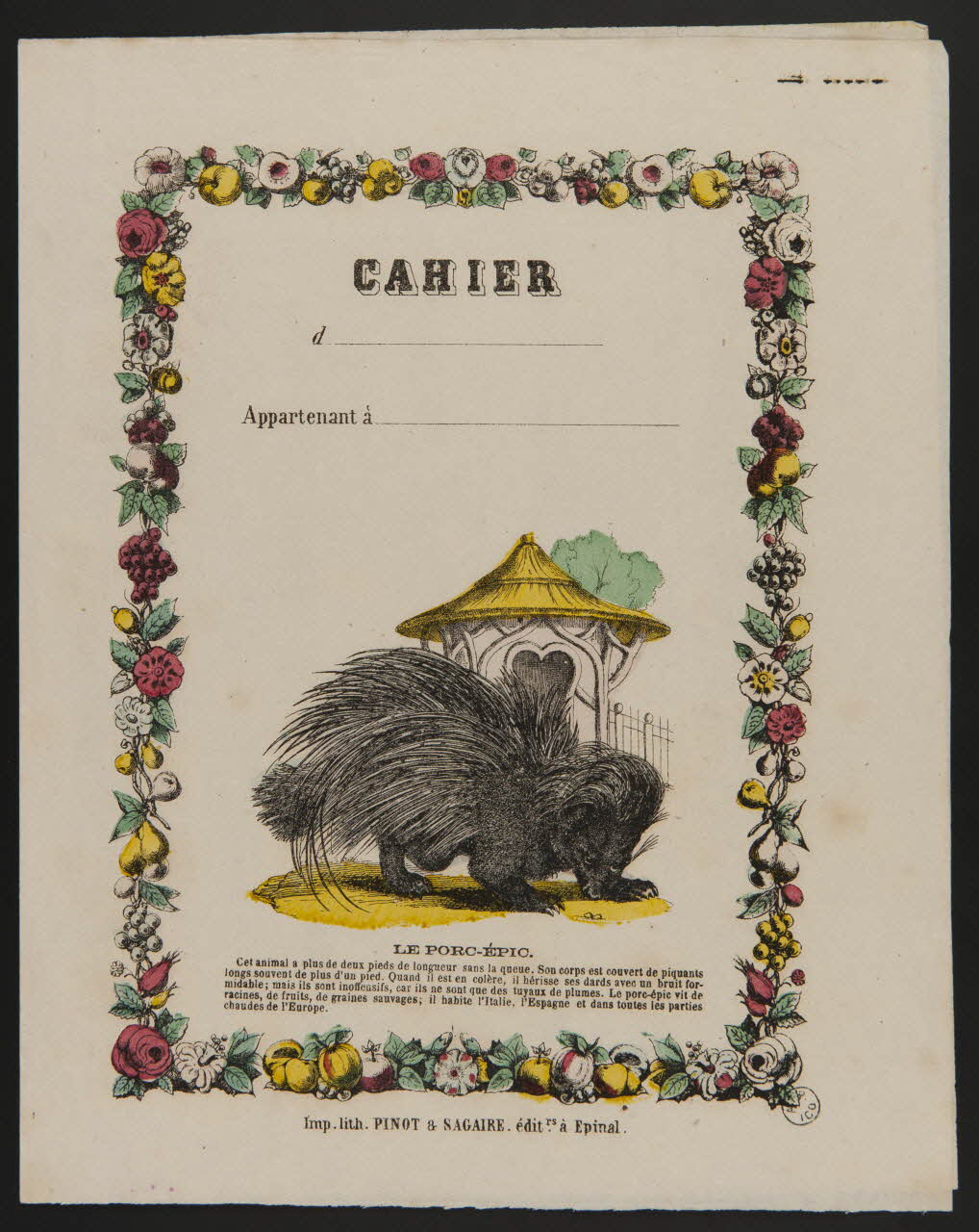 François-Charles Pinot ; Sagaire (imprimeur, libraire, édi protège cahier CAHIER  LE PORC-EPIC. Lorraine, France 1860-1872 1938.10.2 Photo