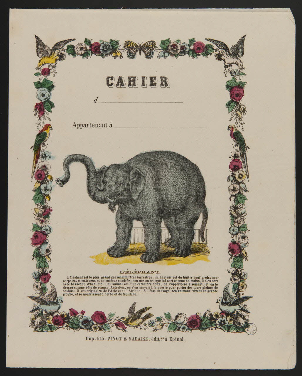 François-Charles Pinot ; Sagaire (imprimeur, libraire, édi protège cahier CAHIER  L'ELEPHANT. Lorraine, France 1860-1872 1938.10.4 Photo