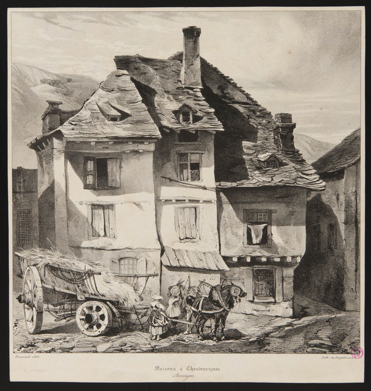 Godefroy Engelmann ; Adrien Dauzats partie d'un ensemble d'estampes Maisons à Chaudesaïgues.  Auvergne. Ile-de-France, France 1831 1938.11.31 Photo
