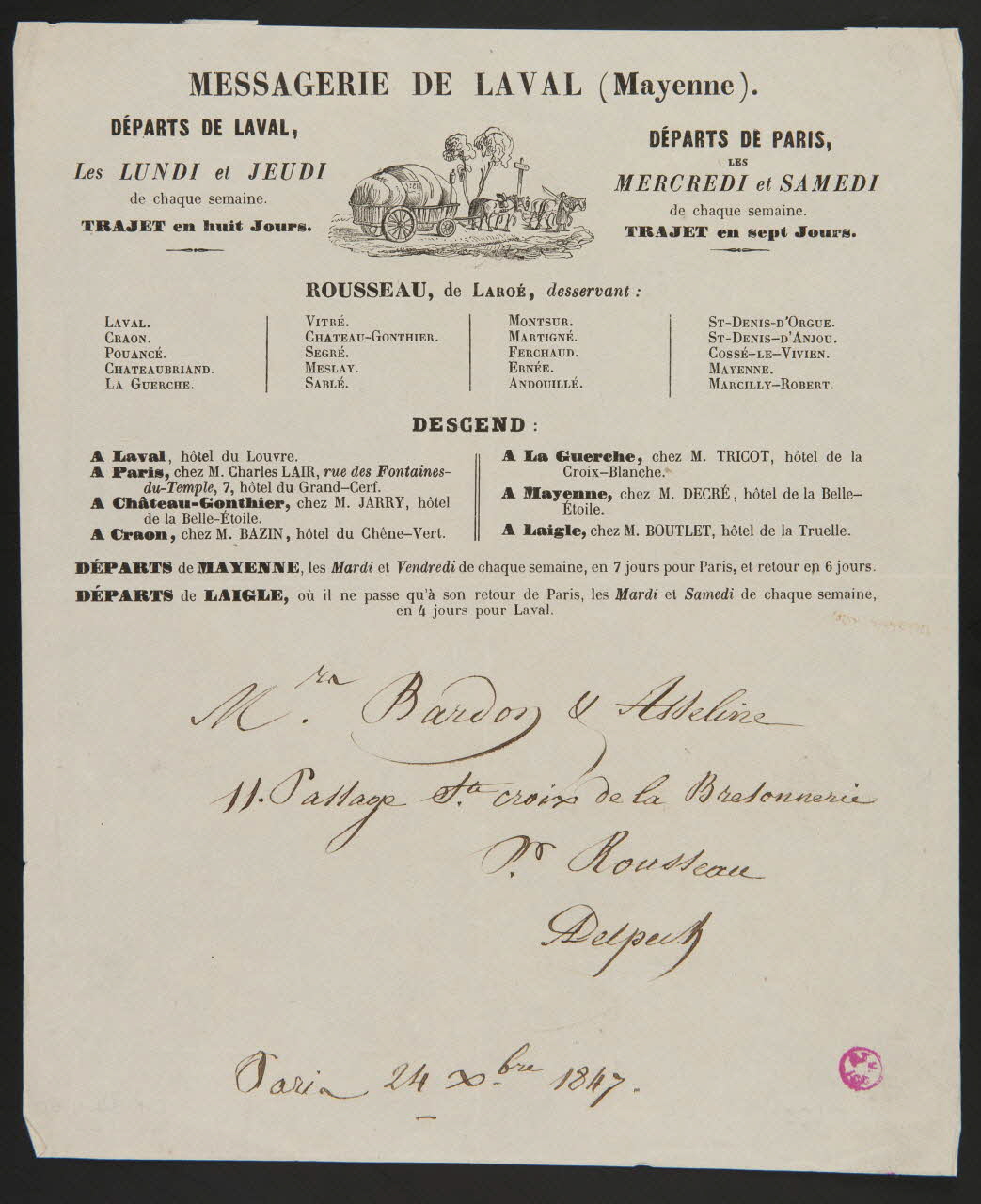 papier de commerce MESSAGERIE DE LAVAL (Mayenne). France 1847 1938.11.60 Photo