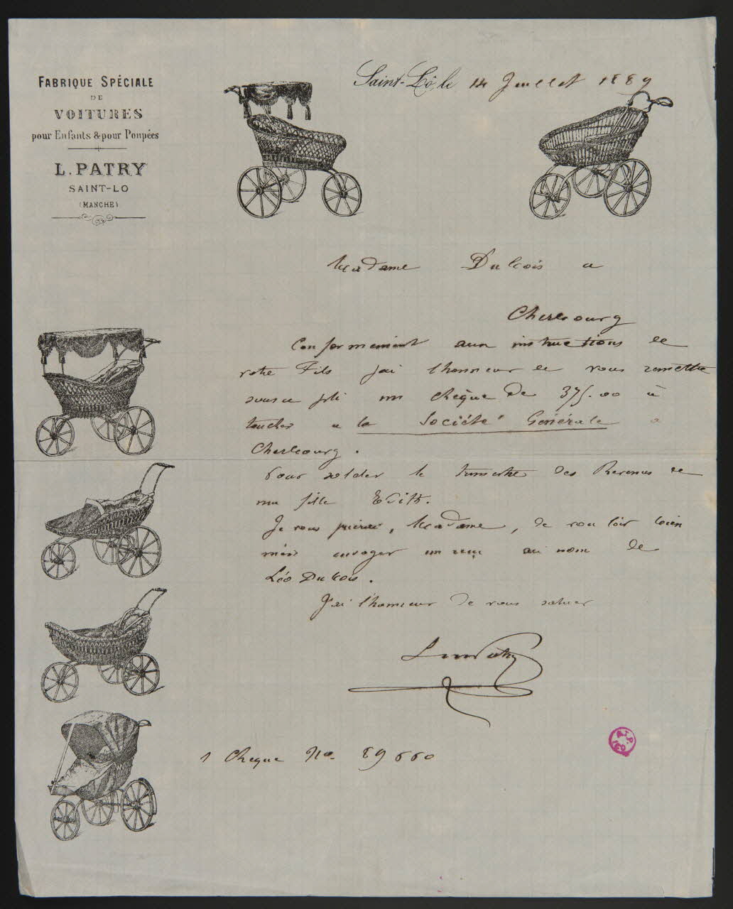 papier à lettre FABRIQUE SPECIALE  DE  VOITURES  pour Enfants & pour Poupées  L. PATRY  SAINT LO  (MANCHE) 1938.11.62 Photo