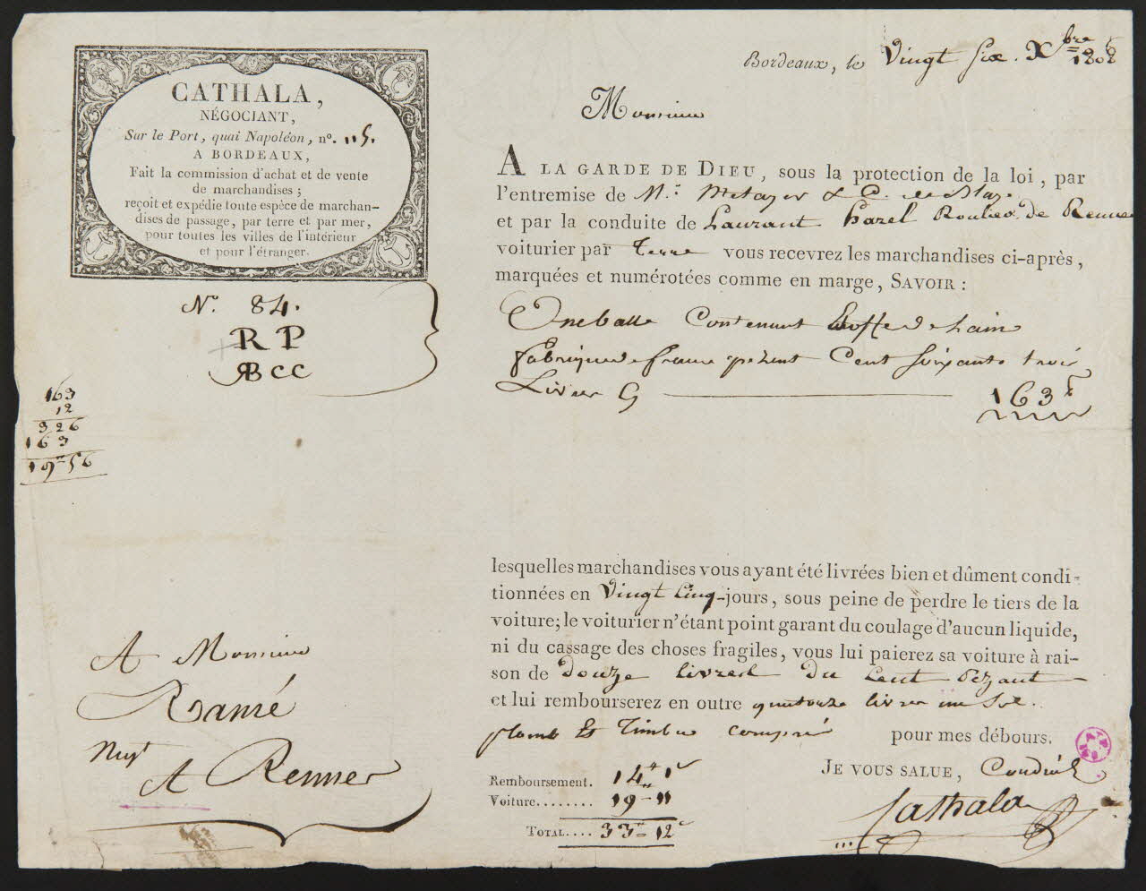 imagerie ancienne CATHALA,  NEGOCIANT,  Sur le Port, quai Napoléon, n°115  A BORDEAUX Bordeaux 1808 1938.11.64 Photo