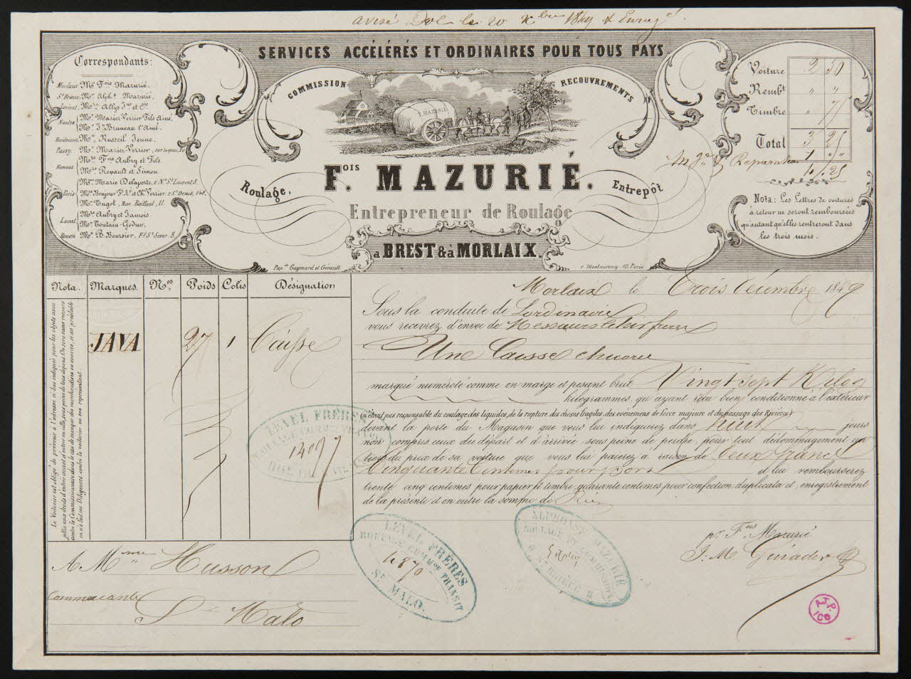 Gaymard et Gérault papier de commerce SERVICES ACCELERES ET ORDINAIRES POUR TOUS PAYS  FOIS. MAZURIE.  Entrepreneur de Roulage Paris 1849 1938.11.65 Photo